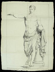 Che colosso di statua!   [Venezia, 23 febbraio 1813]   Disegno a carboncino della “statua colossale rappresentante l’Imperatore Napoleone I”  Napoleone Pacificatore eretta nella “piazza dei Leoni posta a fianco della chiesa di San Marco” a Venezia il 15 agosto 1811.   Lo scultore Domenico Banti, quasi sconosciuto all’epoca, rappresenta Napoleone come un imperatore romano, appoggiato a una colonna, con la clamide (mantello) ricadente in un largo panneggio, la mano destra distesa in atto di pacificare il mondo, il quale stava in forma di globo nella mano sinistra: si tratta del cosiddetto “Napoleone pacificatore”. Il 20 aprile 1814, alla notizia della caduta del “tiranno”, la statua fu rimossa da piazzetta San Marco e nascosta nell’isola di San Giorgio Maggiore; ora è conservata al Museo Correr.